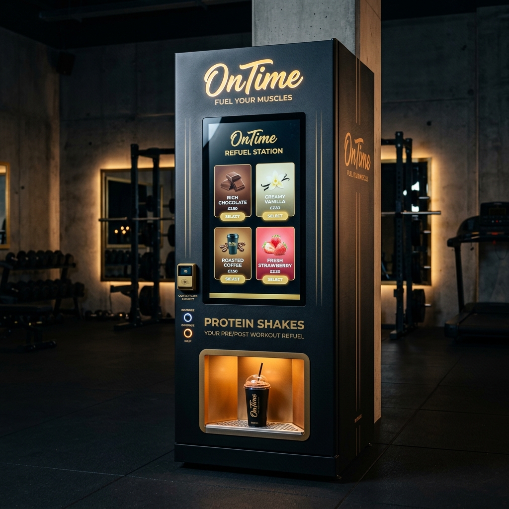 OnTime smart protein vending machine in a modern gym setting, showing touchscreen with chocolate, vanilla, coffee and strawberry flavour options