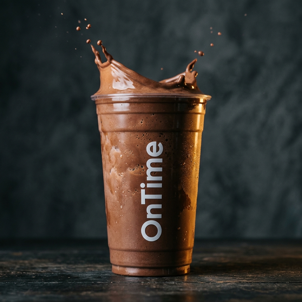 OnTime branded chocolate protein shake with splash effect